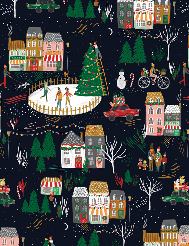 Artwork depicting a collage of decorate houses and stores, and ice skating rink, Christmas carolers and holiday decor.