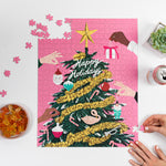 Near completed puzzle with a snack and a succulent