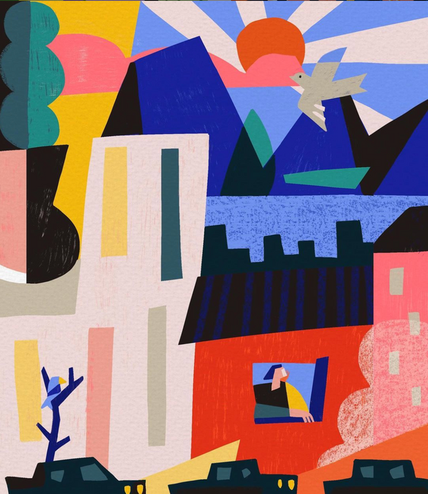 Escape the city artwork featuring colorful geometric shapes that creates a wonderful city scene