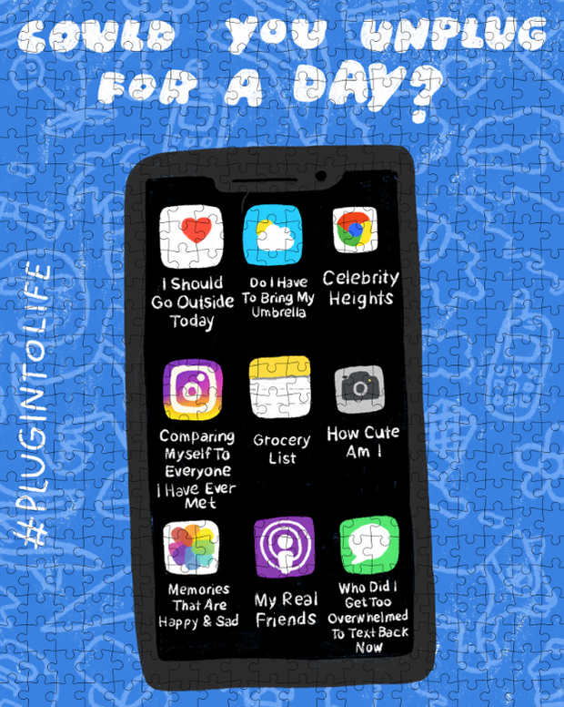 Completed puzzle with cell phone and various apps, with text saying "could you unplug for a day?"