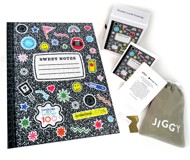 Completed Sweet Notes puzzle with insert, bag, box, scraper tool and glue