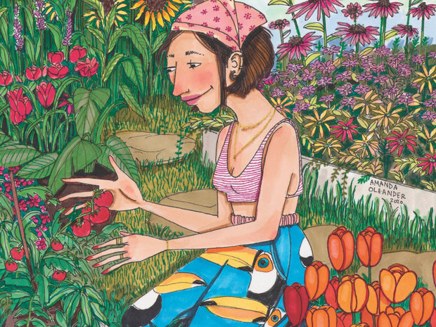 Amanda Oleander artwork featuring a women in her Secret Garden 