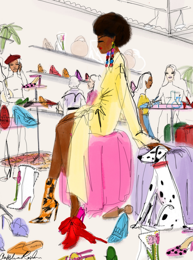 Shoe Shopping artwork features a women buying shoes accompanied by her Dalmatian 